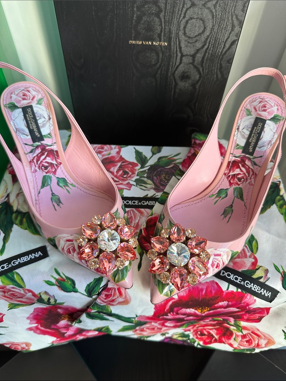 Dolce & Gabbana Pink Floral Slingback Pumps with Crystal Flower Clusters